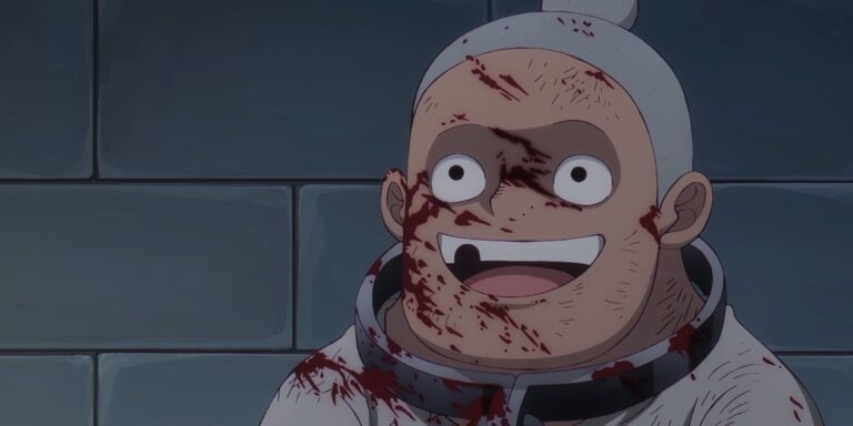 Bartholomew Kuma sits with a smile while his father's blood covers his face in a single song episode 1129