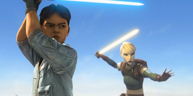 Asajj Ventress holds the green dairy saber with Lyco in close -up of Star Wars: Tales of the Underworld