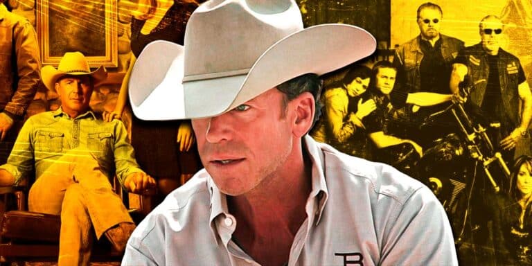 Taylor Sheridan with Yellowstone and Samcro Sons of Anarchy poster in the background