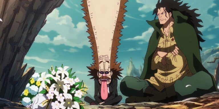 Un joven mono D. Dragon y Vegapunk respetan Ohara en un flashback en una habitación.