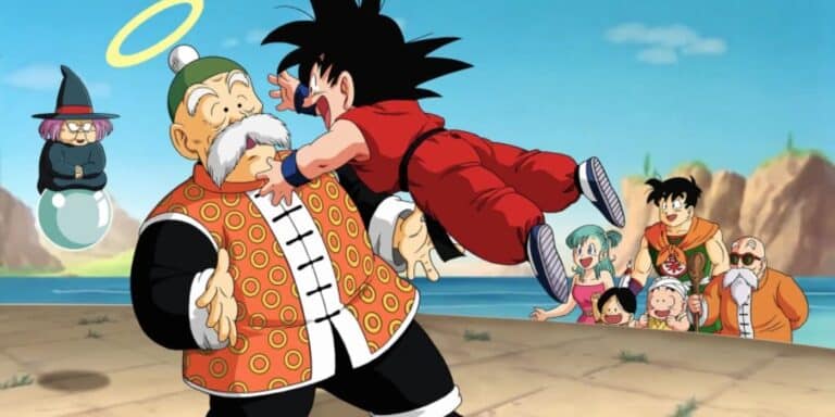 Goku is found with his grandfather Gohan while his friends look at Dragon Ball.
