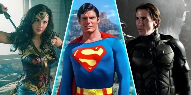Una imagen dividida por Christopher Reeves como Superman, Christian Bale como Batman y Gal Gadot como Wonder Woman of DC