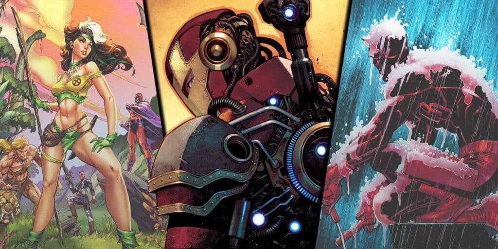 Imagen dividida de Rogue, Iron Man y Daredevil de los cómics actuales de Marvel
