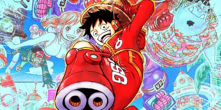 Luffy de una pieza del arco de la historia de Egghead con personajes de manga detrás de él