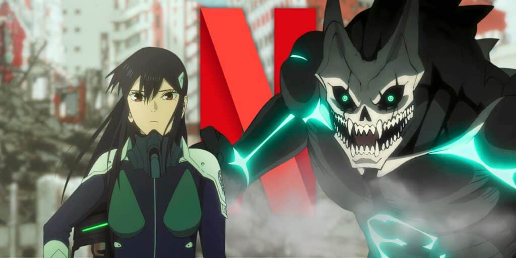 Kaiju N ° 8 Kafka y Mina Ashiro con el logotipo de Netflix N