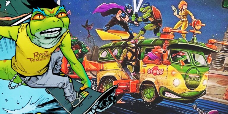 Imagen dividida de Mondo Gecko con las tortugas de lucha sobre el vagón de la fiesta