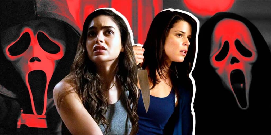 Melissa Barrera y Neve Campbell de Scream With Ghostface en el fondo