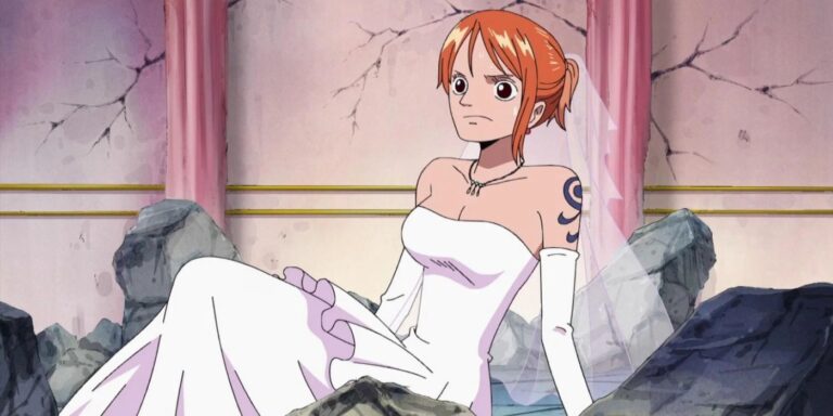 Nami is in her wedding dress after having escaped Absalom in the thriller's arc of a room.