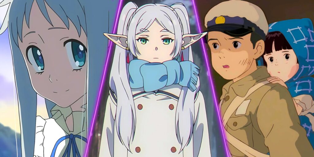 Una imagen dividida de los personajes principales de la tumba de las luciérnagas, el refrigerador y la anohana