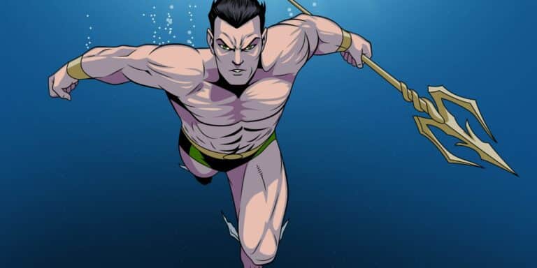 Namor swims, Trident in Hand, in Marvel Comics.
