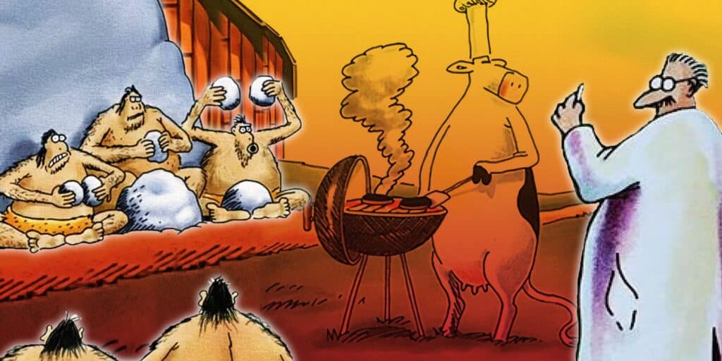 Collage de temas en el lado distante como hombres de cuevas, vacas y científicos