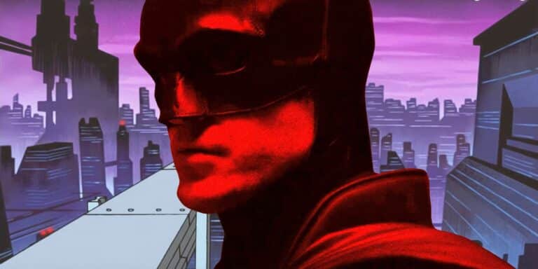 Batman de Pattinson with the neo-Gotham city of Batman Beyond in the background