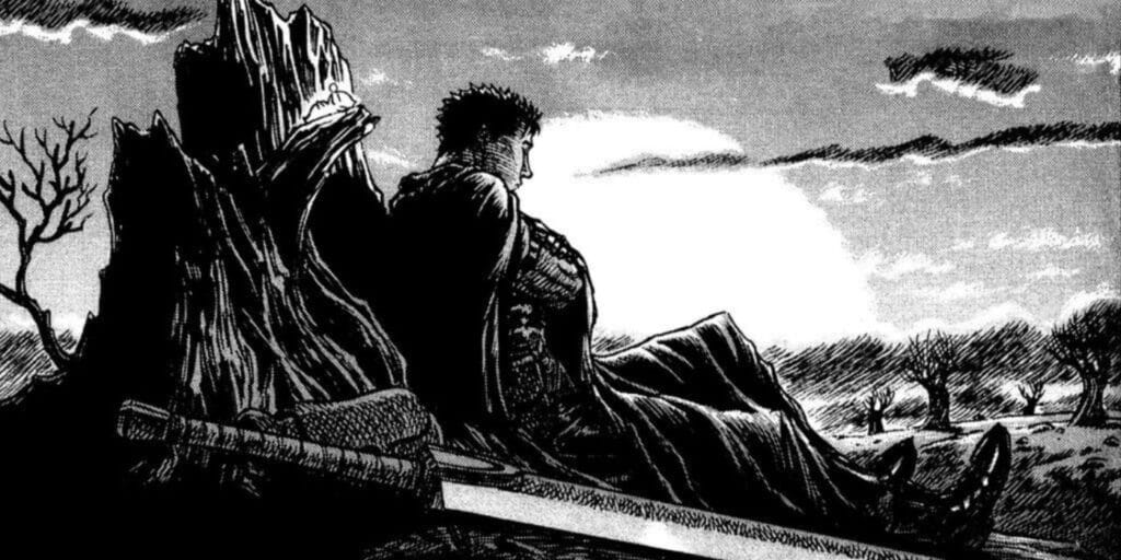 The guts resting against a tree stump with his sword placed next to him in Berserk.