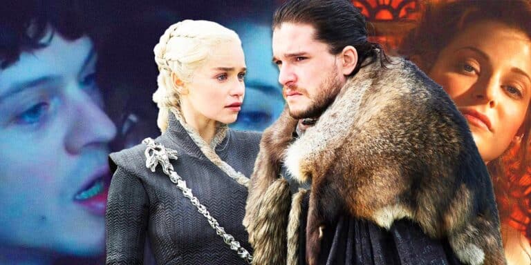 Jon and Daenerys de Game of Thrones with some images of certain couples behind them