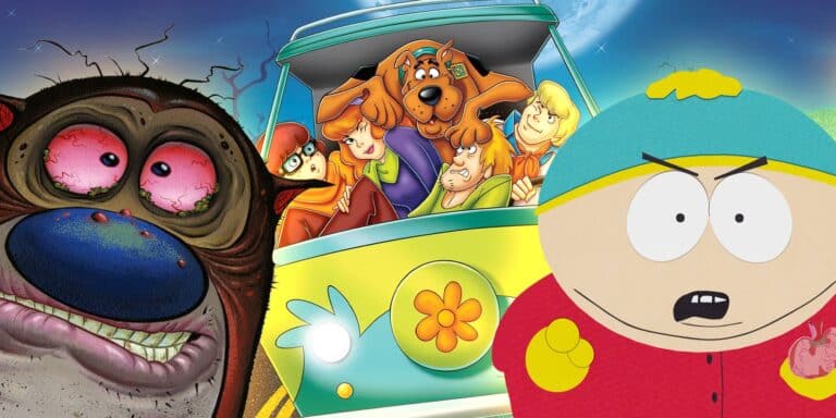 The mystery gang of Scooby-Doo where are you? is represented in the center with an image of REN and Stimpy Stimpy on the left and an image of Eric Cartman by South Parkon on the right.