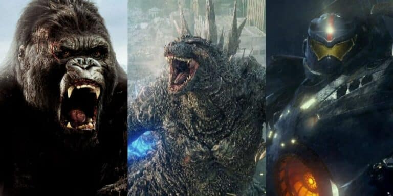 A divided image of King Kong in 2005, Godzilla Less One and Pacific Rim
