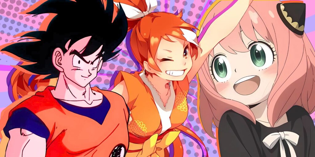 An anime collage that features Goku from Dragon Ball Z, Anya De Spy X Family and Official Crunchyroll Mascot Hime