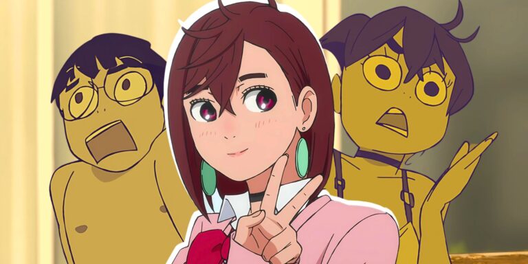 Un collage de Momo Ayase el lindo aire frente a las imágenes de sí misma y de Okarun en el aire avergonzado