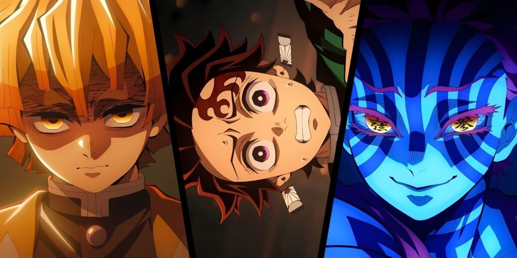 Zenitsu, Tanjiro y Akaza en la película de anime del Château de Demon Slayer Infinity