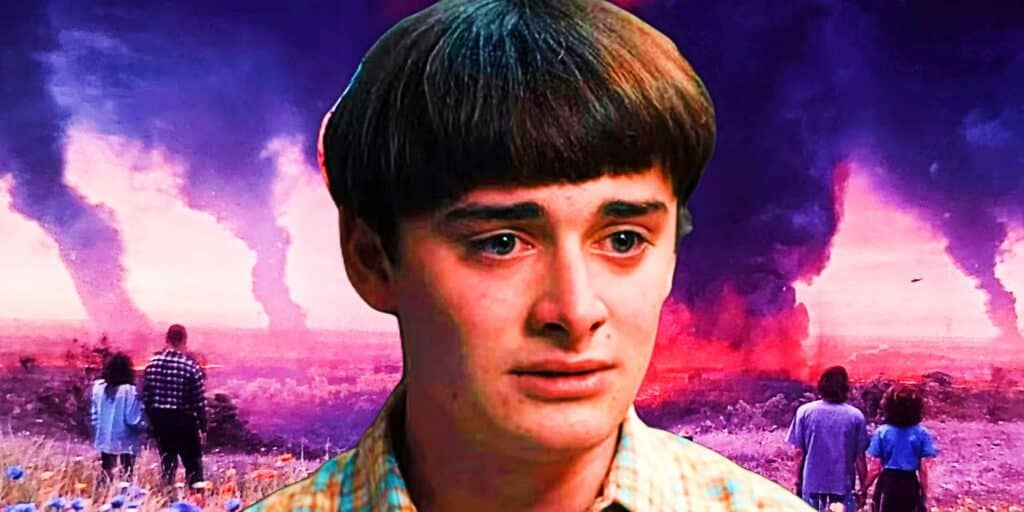 Will (Noah Schnapp) en cosas extranjeras con el mundo ardiente detrás de él