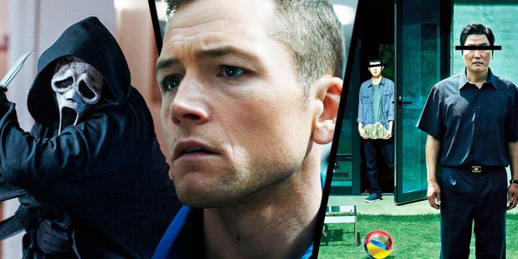 Una imagen dividida de personajes de Scream, Hand Luggage y Parasite.