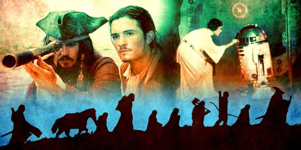 Jack Sparrow y Will Turner de los Piratas del Caribe, la Princesa Leia y R2-D2 de Star Wars: A New Hope and Silhouettes de la Comunidad del Señor de los Anillos: La Comunidad del Ring