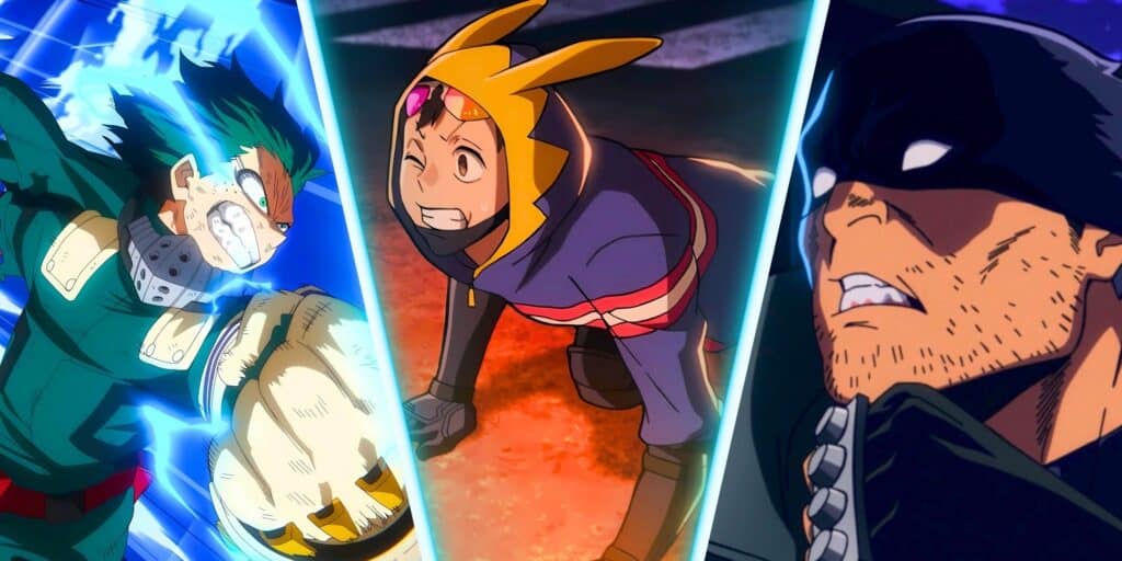 Una imagen dividida de Deku de mi héroe universitario y Koichi Haimawari, Knuckleduster de mi héroe universitario