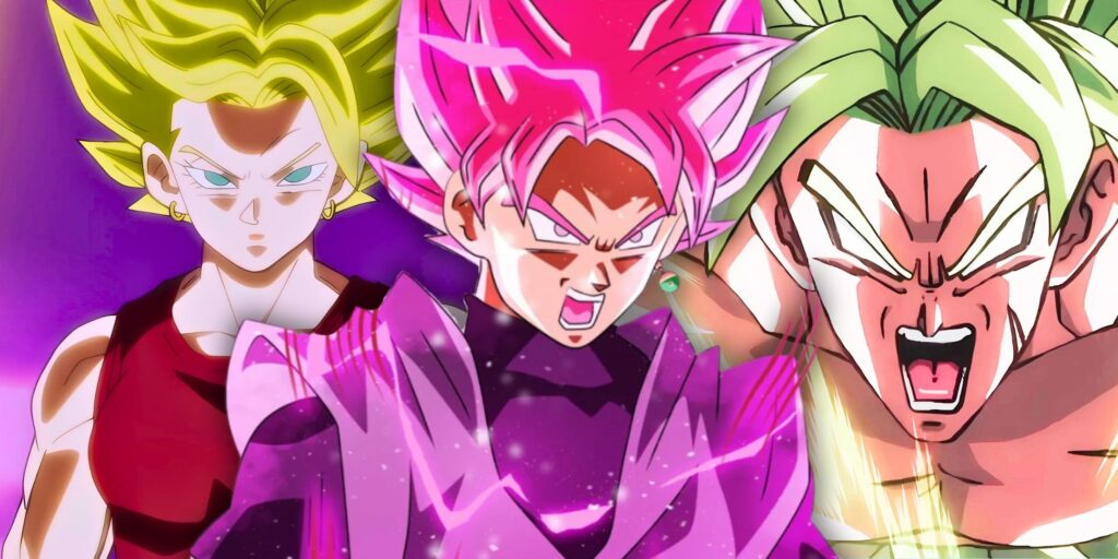 Un collage con Super Saiyan Pink Goku Black en el medio, Kale aficionado a la izquierda y Broly a la derecha de Dragon Ball Super