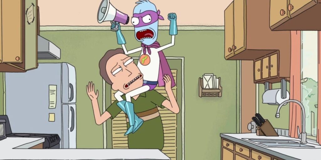 El hombre de los ojos atacando a Jerry en Rick y Morty