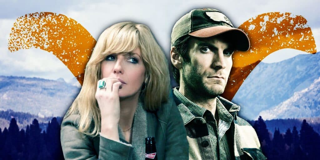 Las imágenes de Beth Dutton (Kelly Reilly) de Yellowstone y Jamie Dutton (Wes Bentley) en investigaciones serias se superponen frente al logotipo de Dutton Ranch y una foto del rancho Hills of Dutton.