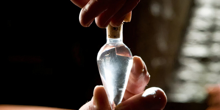 A hand holds a bottle of Felix Felicis at Harry Potter and the Prince half-blood.