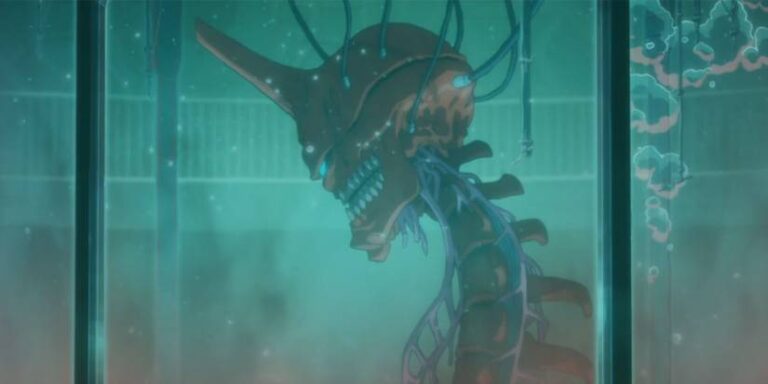 Kaiju n ° 10 floats in a liquid chamber in Kaiju n ° 8 episode 18