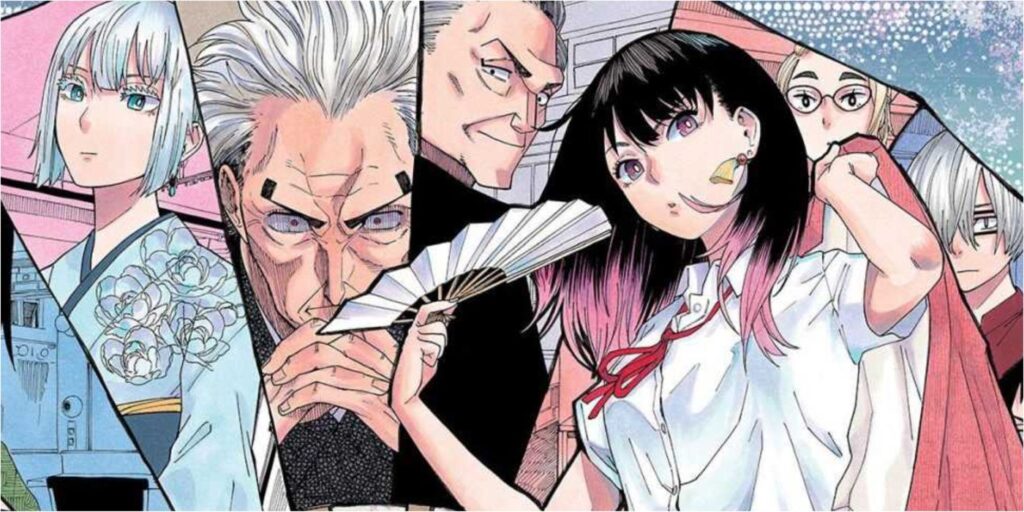 Akane posa con un ventilador frente a la distribución de la serie de manga Akane-Banashi