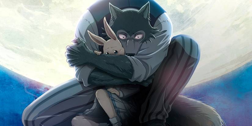 Legoshi hugs Beastars with a full moon behind them.