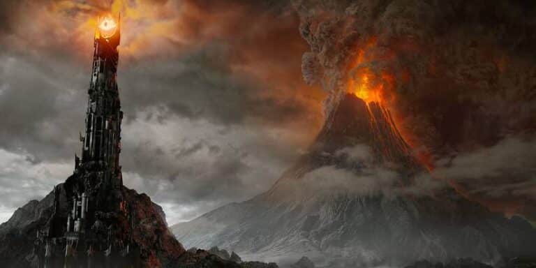 Sauron's eye looking with Mont Doom in the background