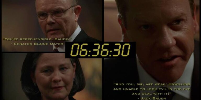A shared screen showing Jack Bauer with Senator Mayer and President Taylor