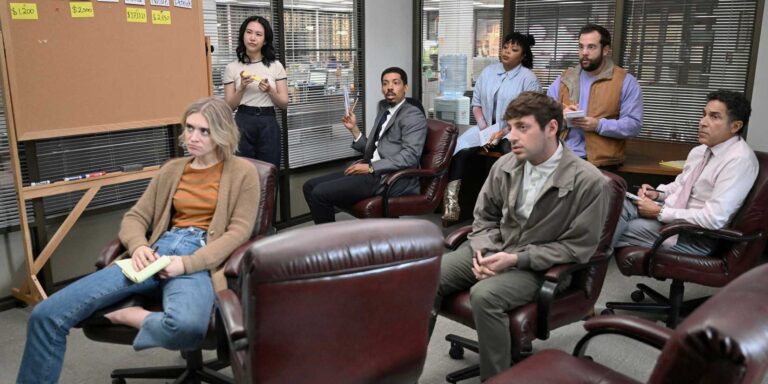 The casting of the newspaper (Chelsea Frei, Ramona Young, Melvin Gregg, Gbemisola Ikumelo, Alex Edelman, Eric Rahill, Oscar Nunez) in the editorial room