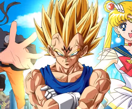Naruto: Shippuden Naruto Uzumaki on the left, Dragon Ball Z Majin Vegeta in the middle and Sailor Moon Usagi Tsukino transformation on the right